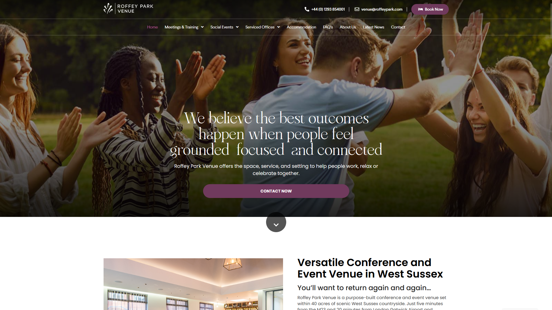 Screenshot of the Roffey Park Venue Hospitality & professional development website